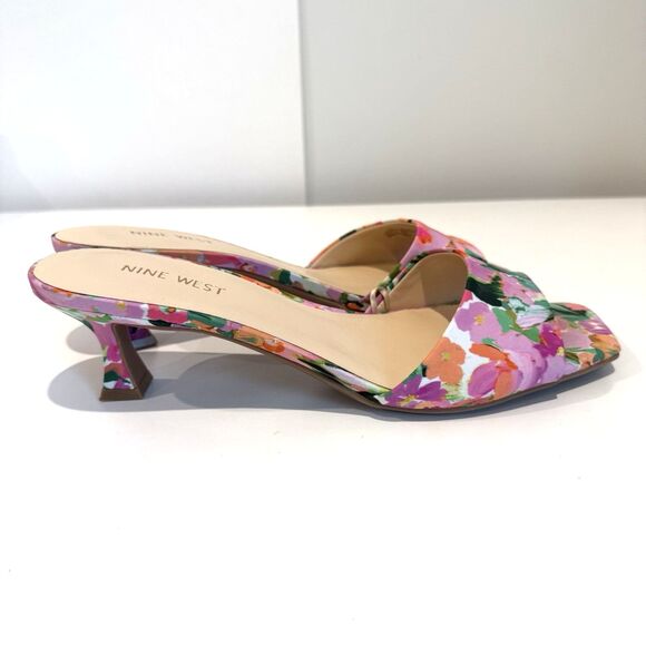 Nine West Kitten Heels Luvlie Slide Slip On Sandal Pink Floral Square Toe 9M - Picture 5 of 10